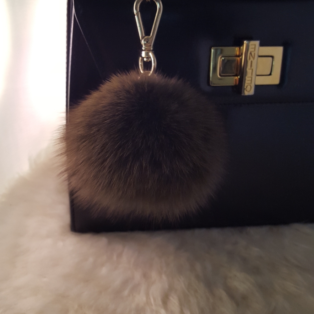 Genuine Fox Fur Khaki Brown Handbag/ Key Pom Pom Charm. 'Lil Add Luxury. 4in.